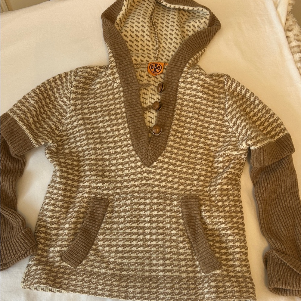 Tory Burch Cream and Brown Hooded V-Neck Sweater